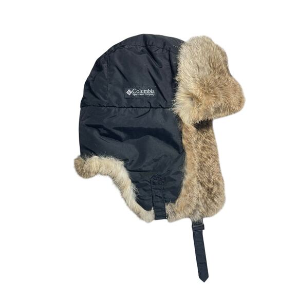 COLUMBIA Genuine Rabbit Fur-Trim Trapper Hat Black Size Unisex Large - Picture 2 of 8
